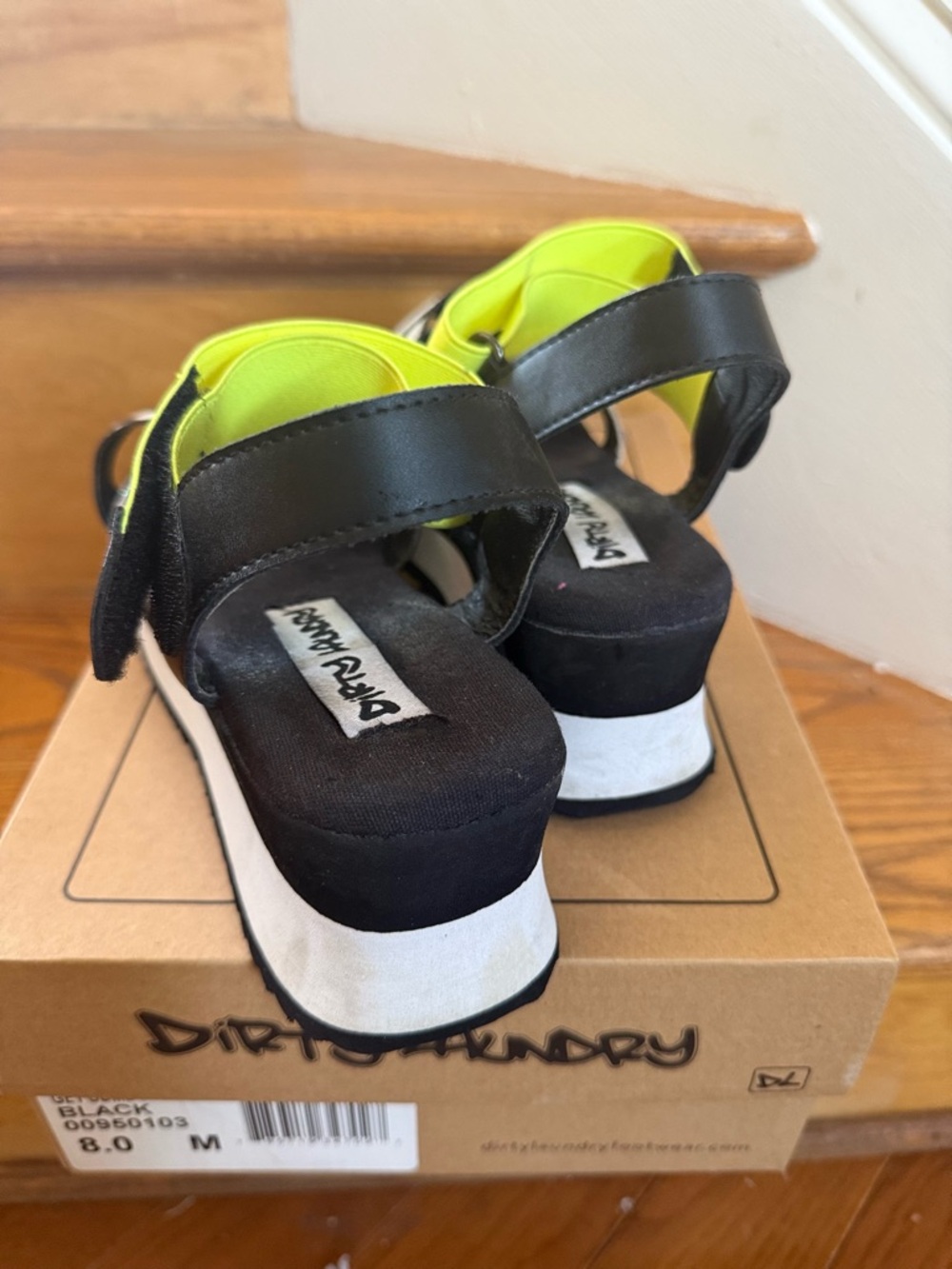 Dirty Laundry Neon Yellow, Black & White Striped Iridescent Wedge Sandals - Picture 6 of 6